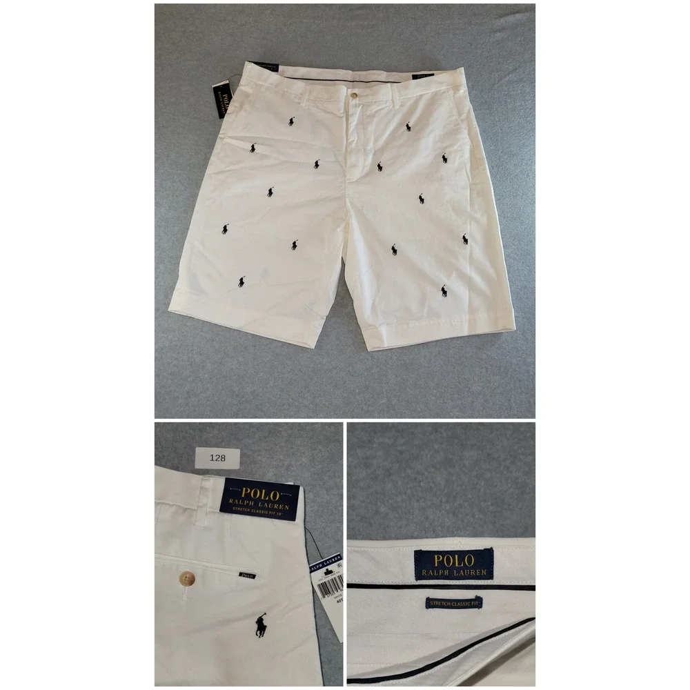 Polo Ralph Lauren Mens White AllOver Pony Embroidered Stretch Classic Fit Shorts